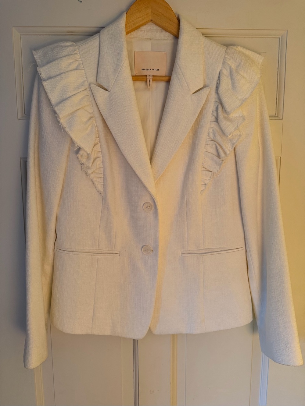 Rebecca Taylor Cream Ruffle-Trim Tailored Blazer